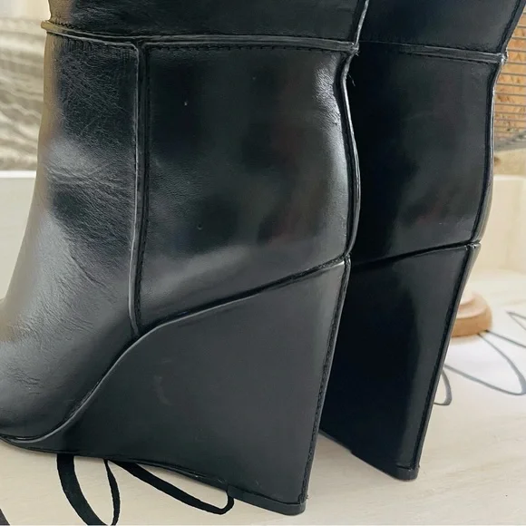 TORY BURCH Linette Smooth Leather Tall Black Wedge Knee High Riding Boots 8.5 - Picture 9 of 16